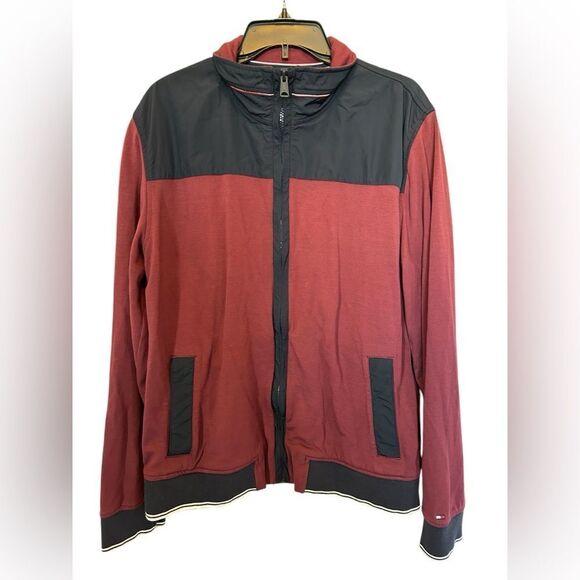 Tommy Hilfiger Burgundy Navy Colorblock Lightweight Varsity Bomber Jacket L - Picture 1 of 11